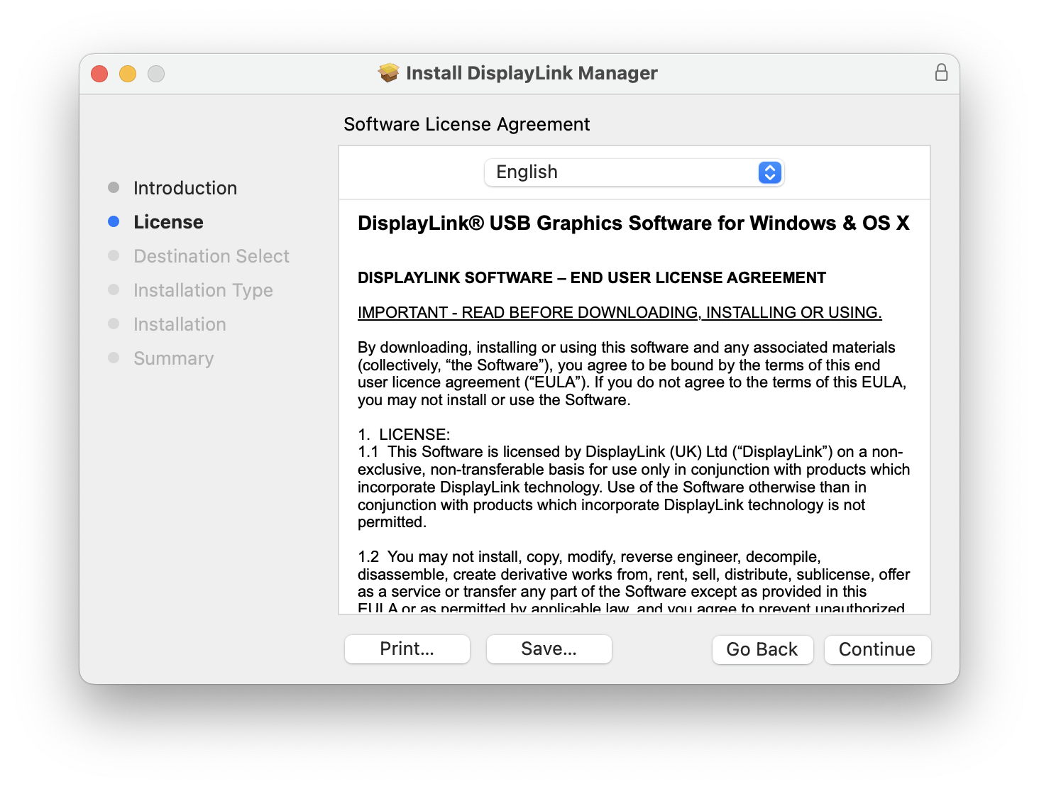 displaylink installer license information